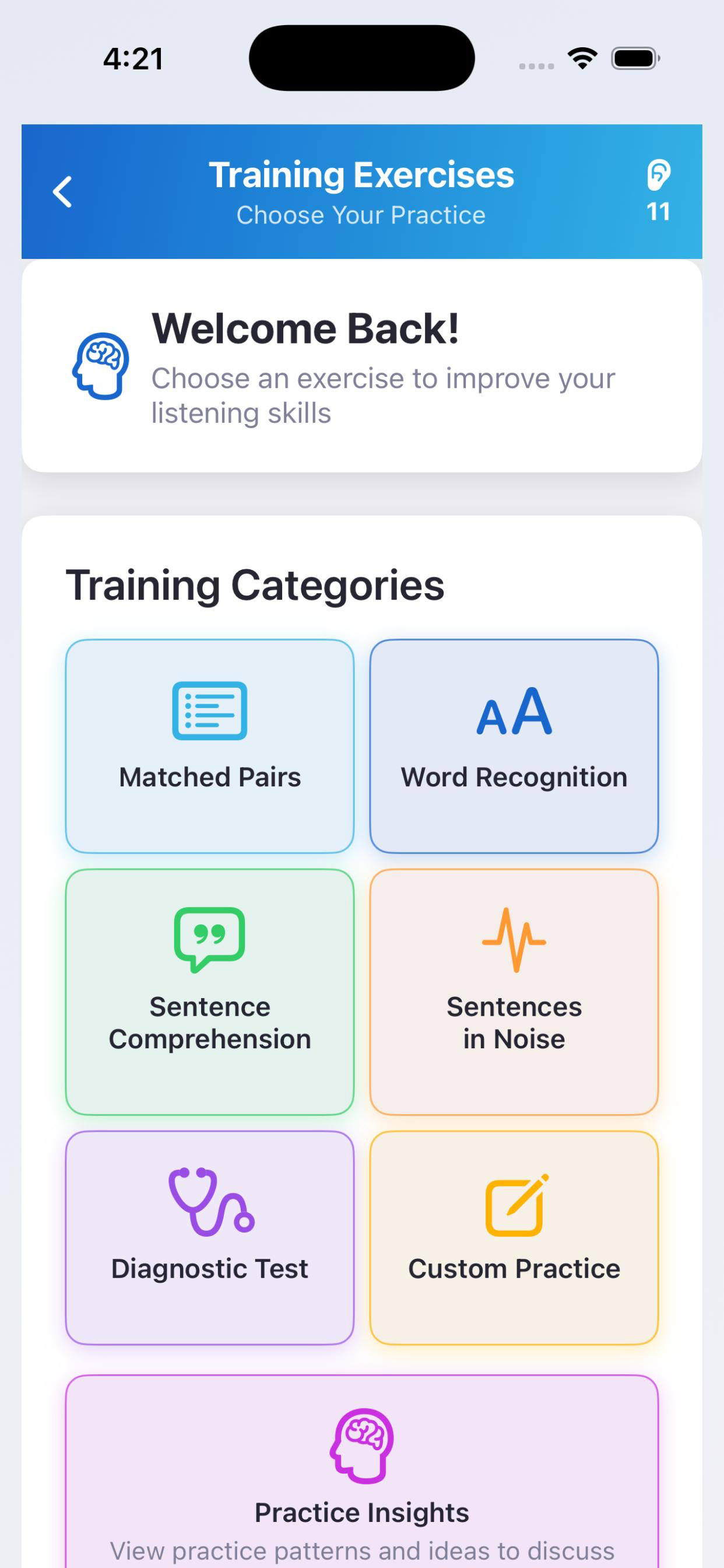 Hearify app showing Training Exercises with categories like Matched Pairs, Word Recognition, Sentence Comprehension, and more